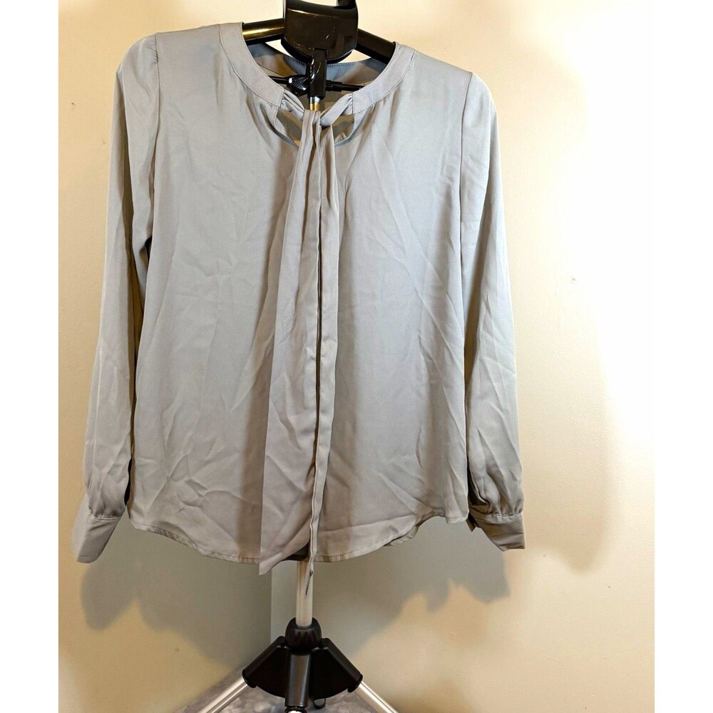 Ellen Weaver Women’s M Gray Solid Tie Neck Long Sleeve Cute Polyester Blouse